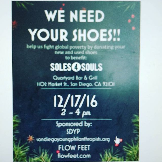 Donate your shoes! Make room for the holidays! Join us and Flow Feet for a shoe drive benefiting the amazing charitable organization, #Soles4Souls. All the shoes will be given to people in need. This saturday, 2-4pm at #QuartyardBar&Grill.