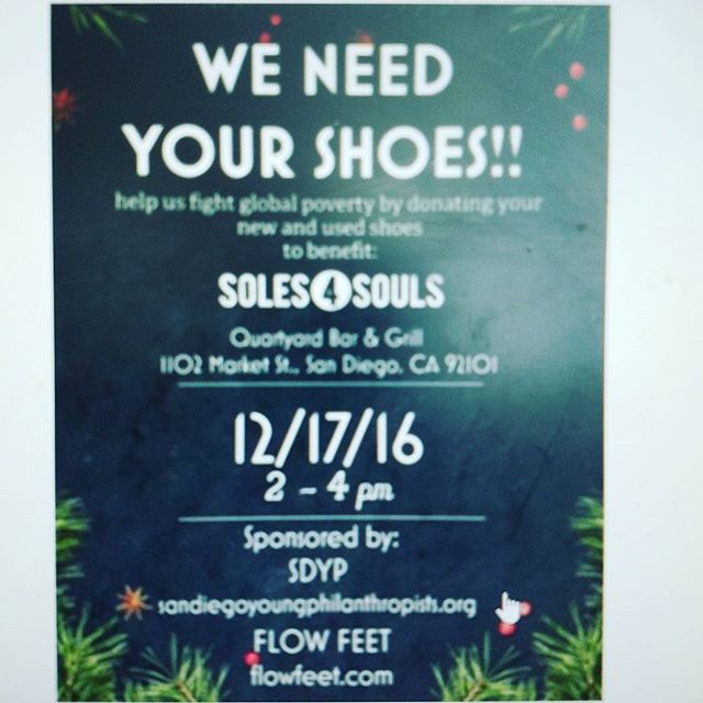 Donate your shoes! Make room for the holidays! Join us and Flow Feet for a shoe drive benefiting the amazing charitable organization, #Soles4Souls. All the shoes will be given to people in need. This saturday, 2-4pm at #QuartyardBar&amp;Grill.